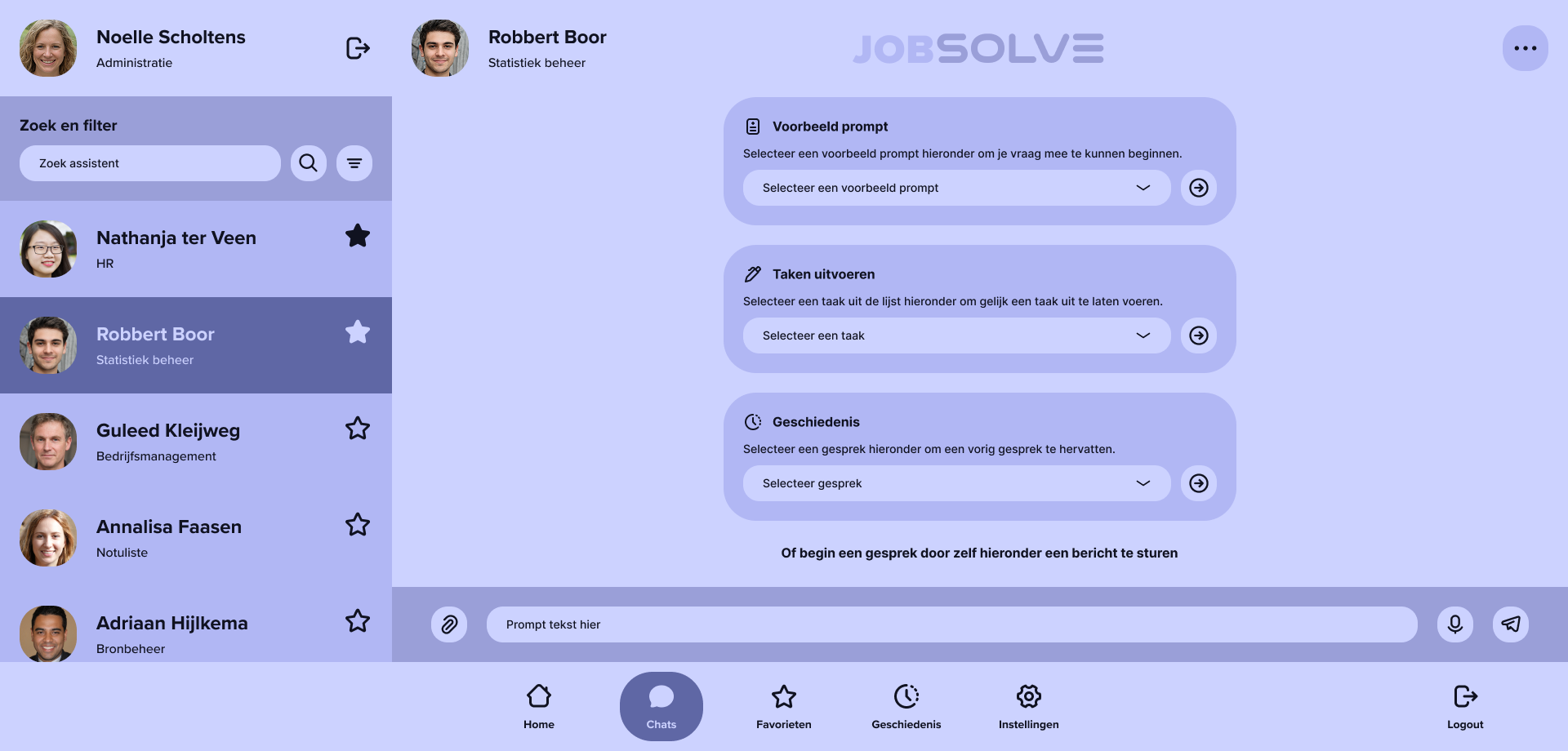 JobSolve prototype B: uitgesproken menselijkere bèta-interface ter vergelijking met de strakkere AI-aanpak van A