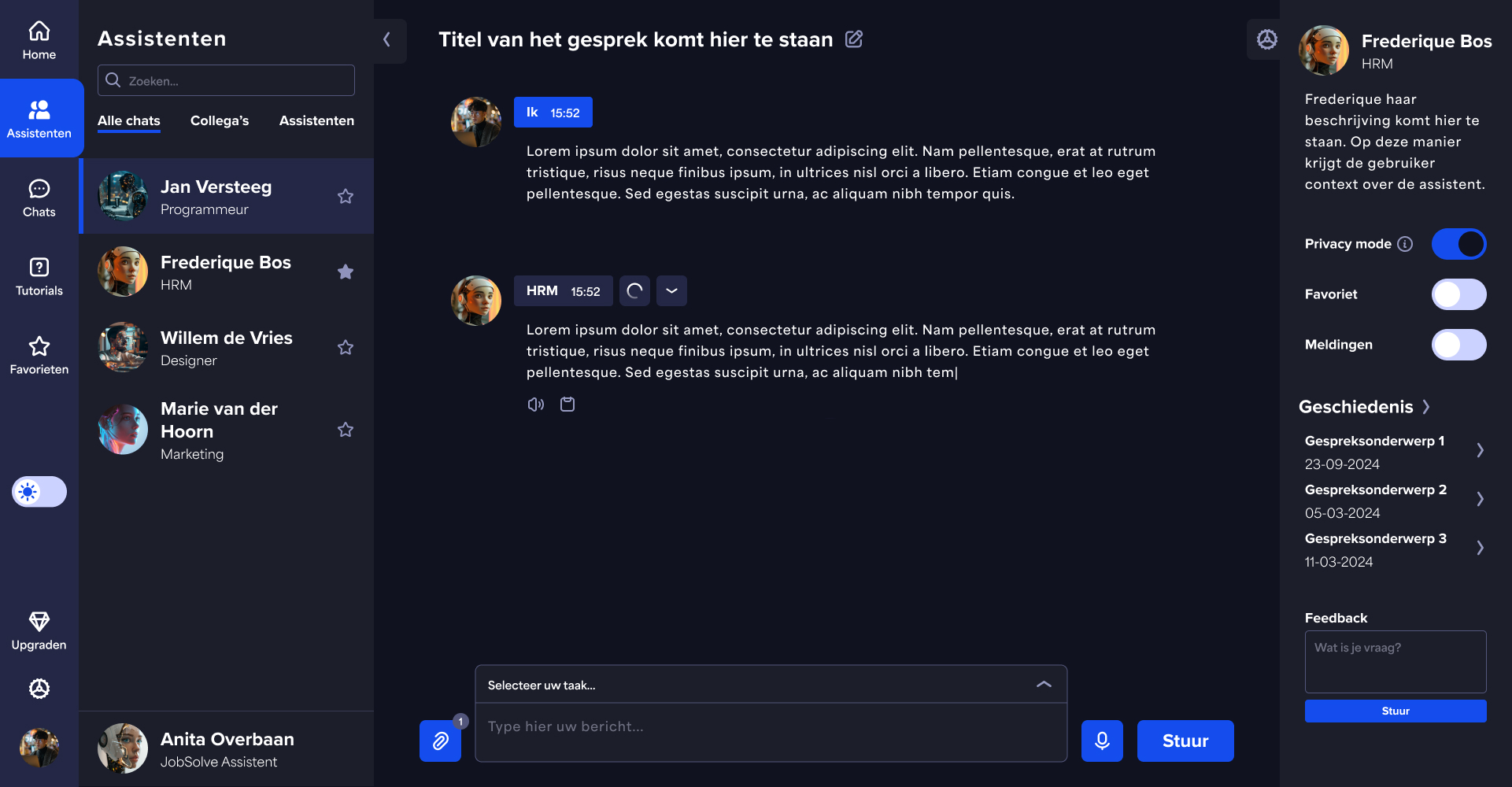 JobSolve desktop dark: volledig dashboard met privacy-toggle in het zijpaneel