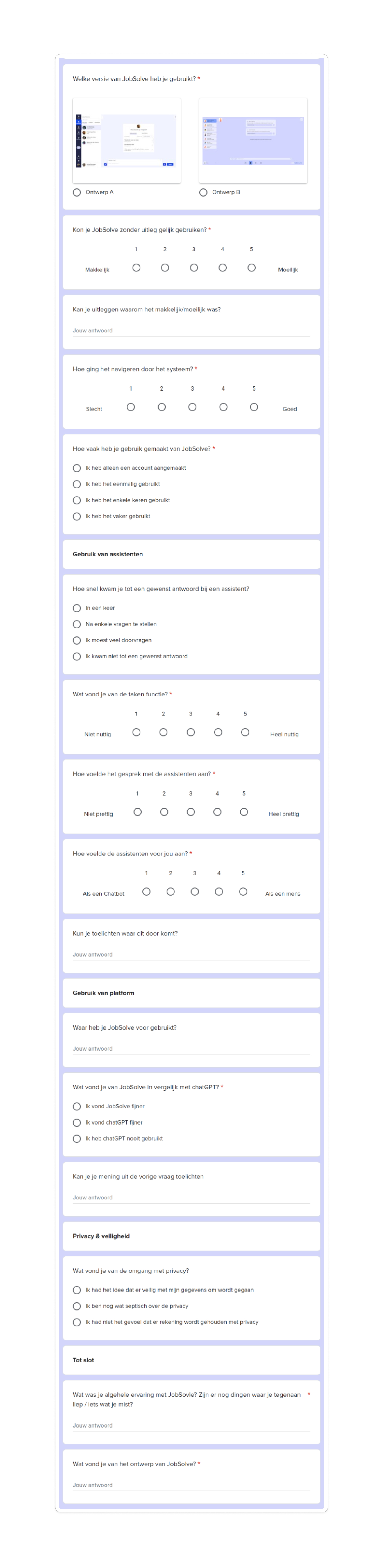 Fragment van de JobSolve-bètavragenlijst: keuze voor ontwerp A of B, schalen voor gebruiksgemak en assistenten, privacy en open opmerkingen