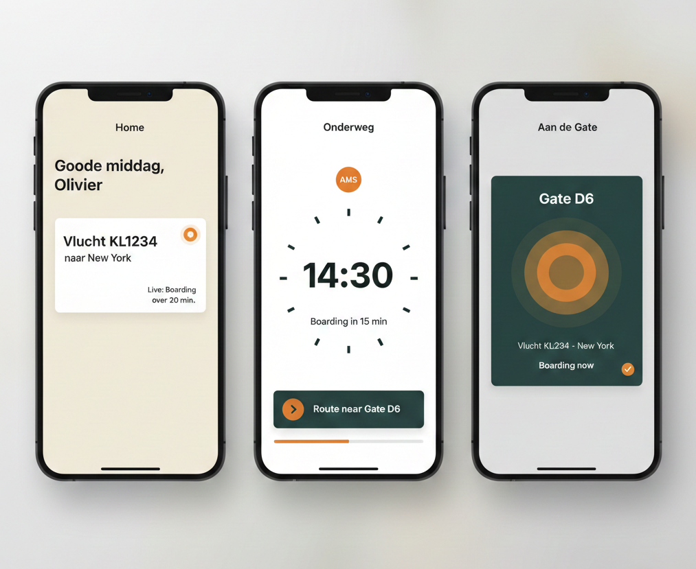 Schiphol Seamless Journey - Drie smartphone schermen tonen de verschillende stadia van de luchthaven navigatie app: Home, Onderweg, en Aan de Gate