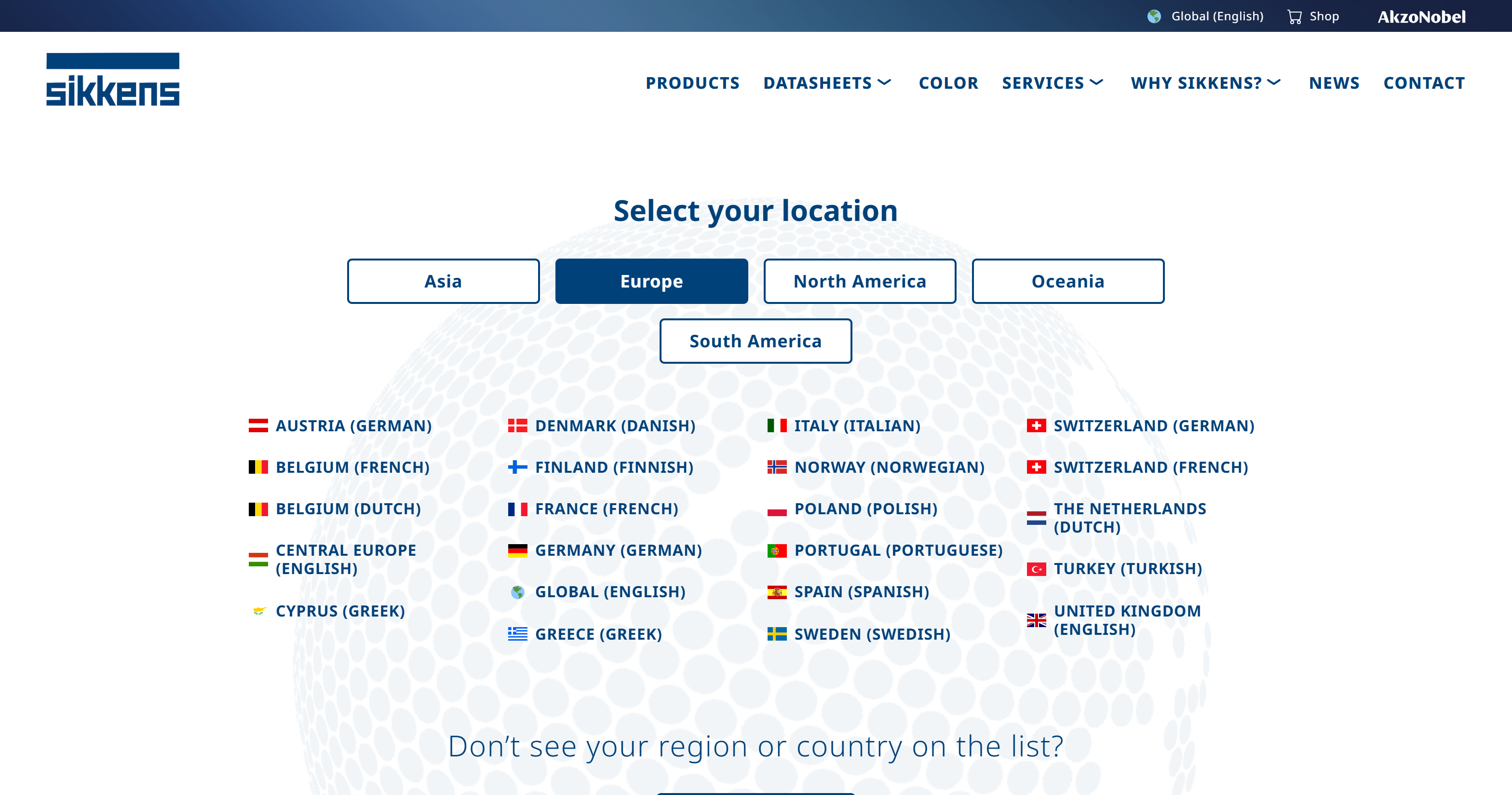 Sikkens: land- en taalkeuze per regio (Europe hub)