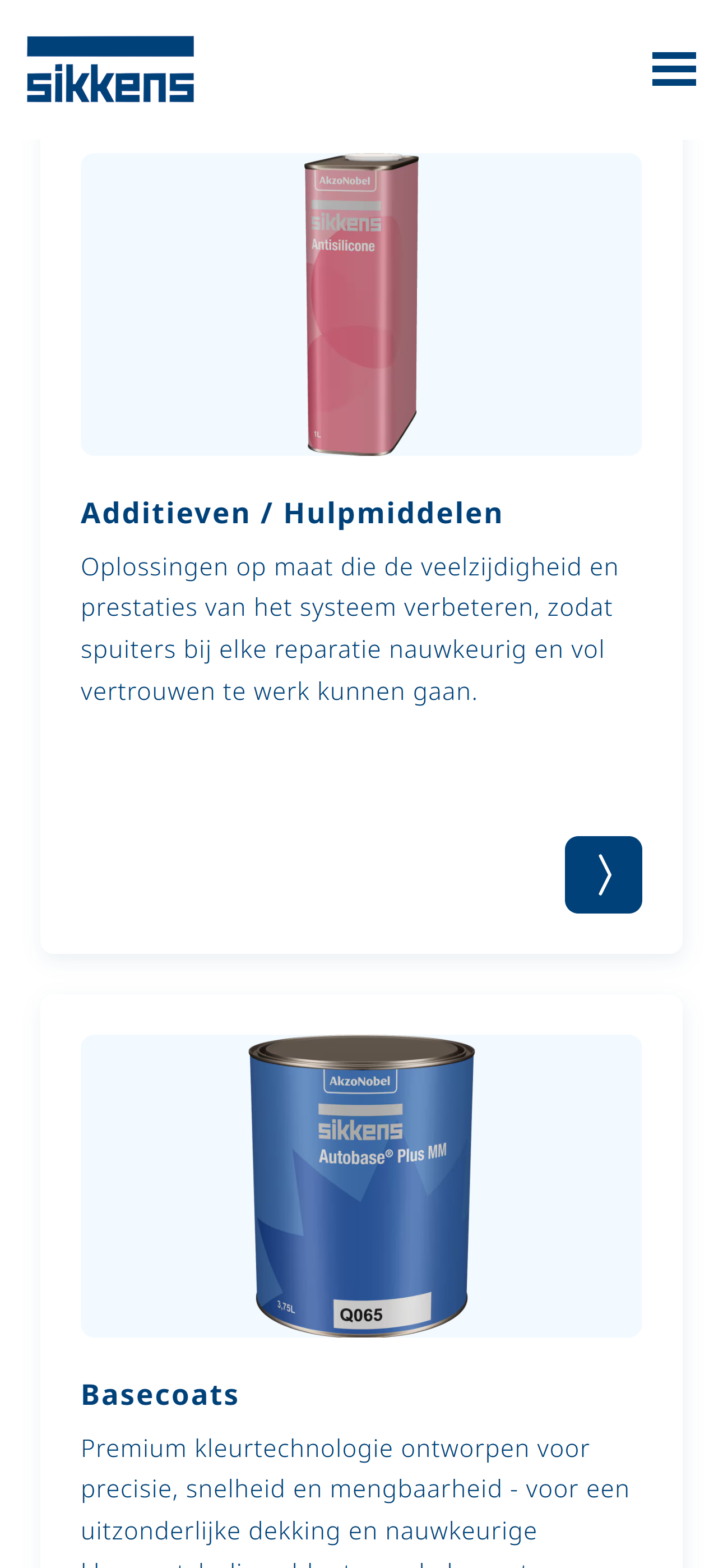 Sikkens Vehicle Refinishes: productcategorieën op mobiel