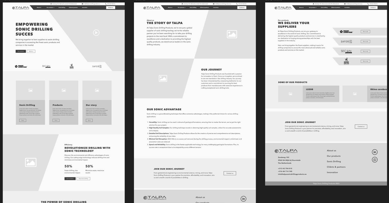 Talpa: wireframes home, about en producten